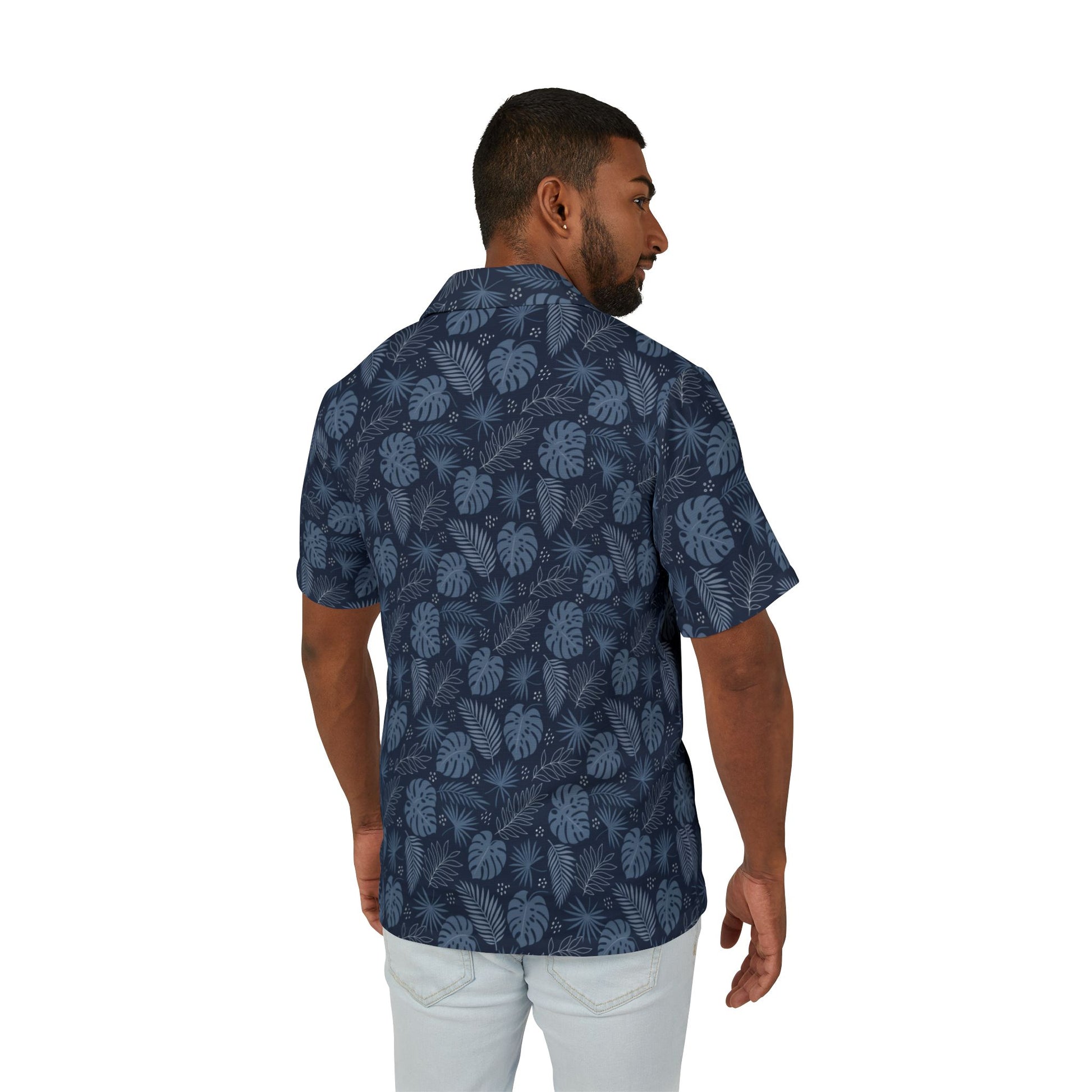 Navy Blue Men Luxury Hawaiian Camp Shirt, Palm Tree Leaf Print Linen Look Summer Hawaii Aloha Tropical Beach Button Up Resort Shirt - Starcove Fashion