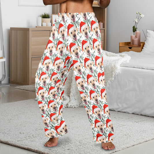 Custom Dog Men Pajamas Pants, Santa Hat Christmas Holidays Personalized PJ Pet Cat Funny Pockets Trousers Guys Family Matching Trousers