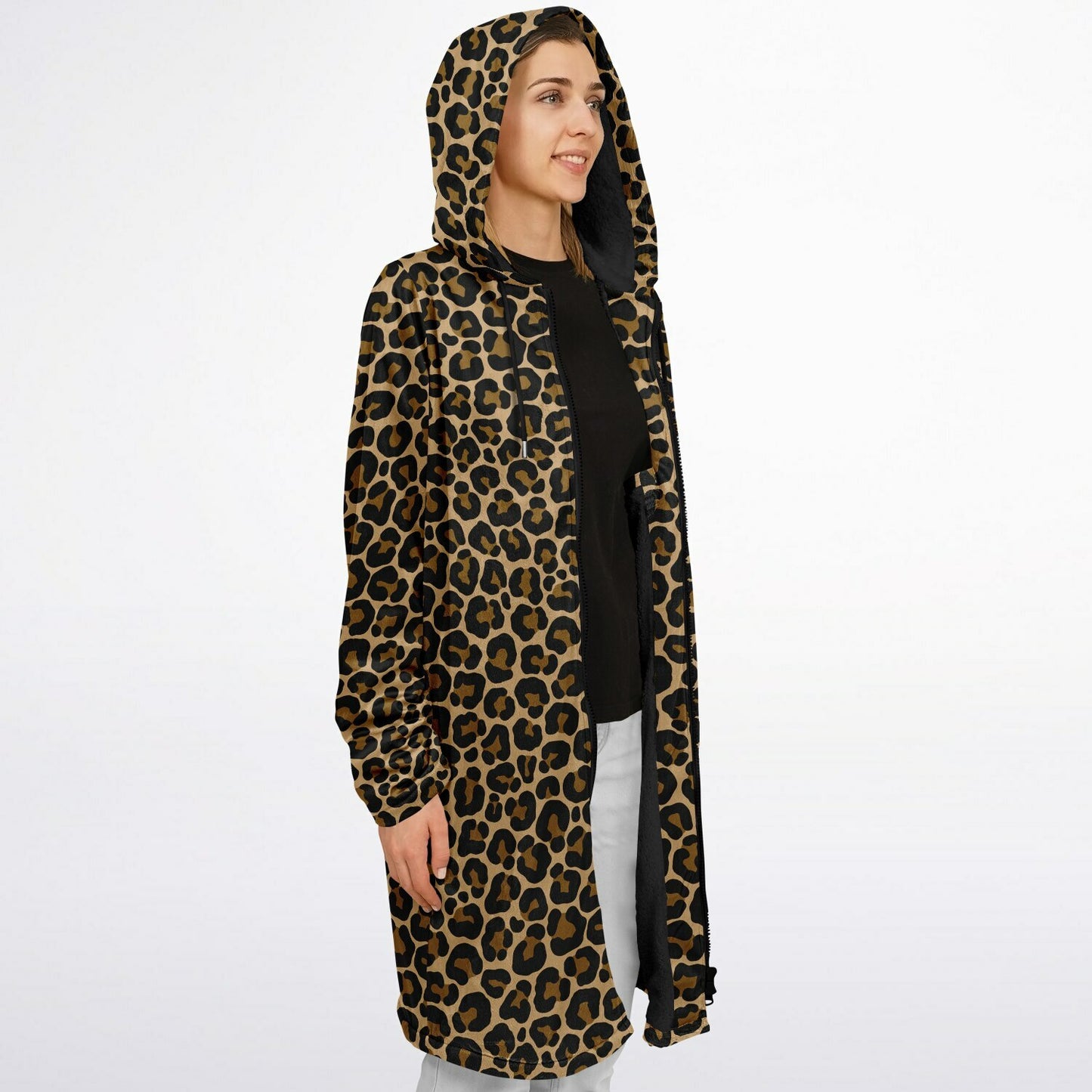 Leopard Hooded Cloak Fleece Jacket, Animal Print Cheetah Zipper Coat Men Women Male Ladies Winter Mink Hooded Parka Wearable Cape Pockets