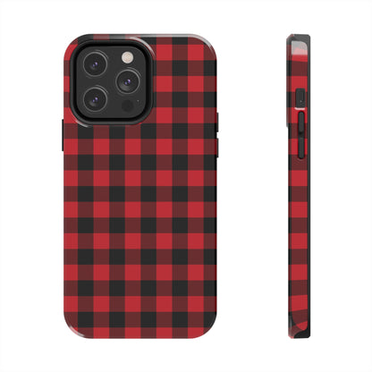 Red Buffalo Plaid iPhone 15 14 Pro Max Case, Check Tough iPhone 13 12 11 Print Cute Gift XS XR X 7 Plus 8 8F Cell Phone Cover