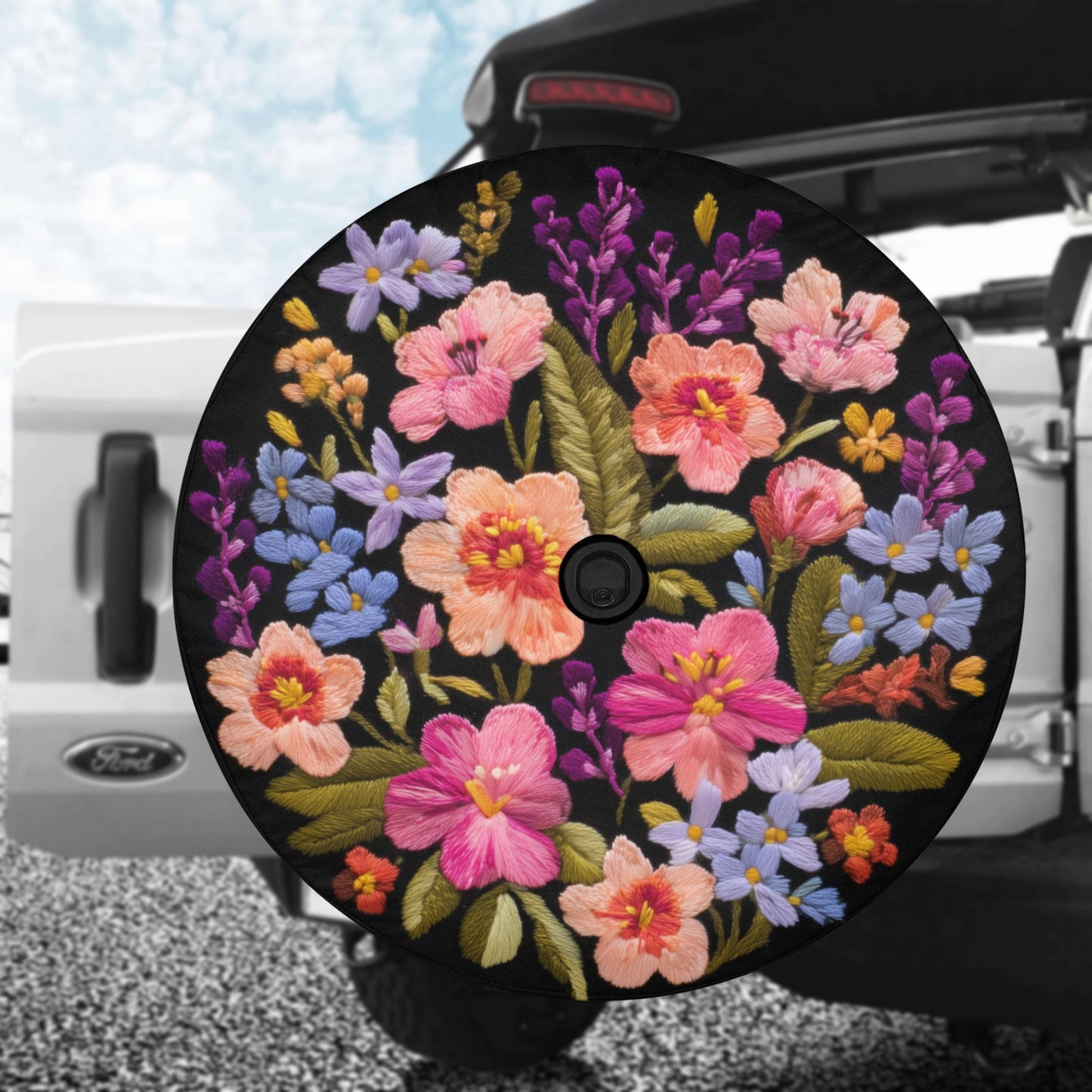 Pink Blue Flowers Spare Tire Cover, Purple Coral Floral Faux Embroidery Printed Floral Wheel Unique Backup Camera Hole Trailer Back Women RV