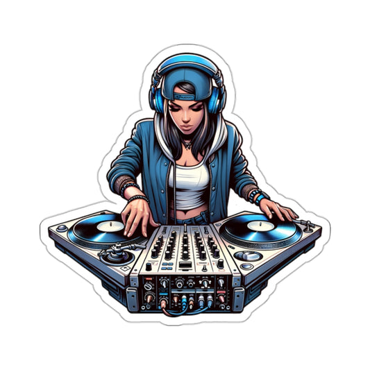 Woman DJ Mixing Sticker Decal, Turntables Female EDM Music Art Vinyl Laptop Cute Waterbottle Tumbler Car Waterproof Bumper Clear Aesthetic