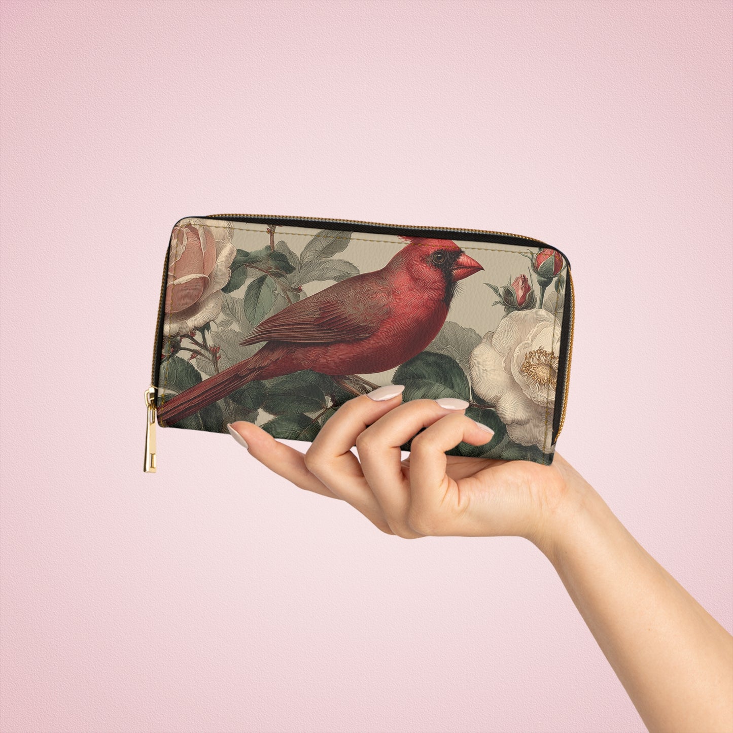 Cardinal Leather Wallet Women, Bird Roses Flowers Vegan Zipper Zip Around Coins Credit Cards Pocket Cash Ladies Pouch Slim Clutch Purse