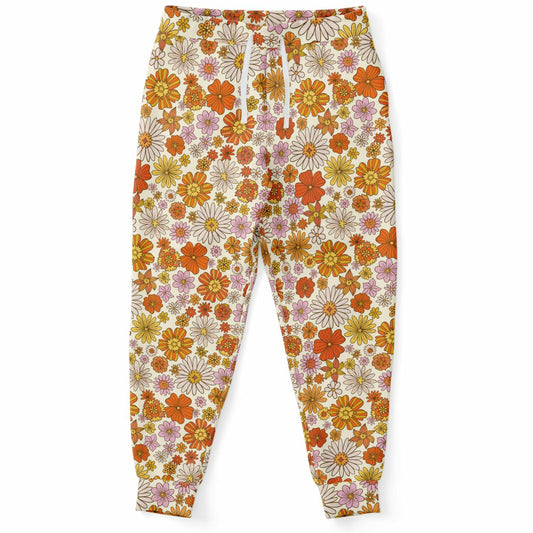Retro Floral Joggers Sweatpants Pockets, Pink Orange Vintage Flowers Women Men Female Ladies Fleece Comfy Sweats Pants Loungewear Bottoms