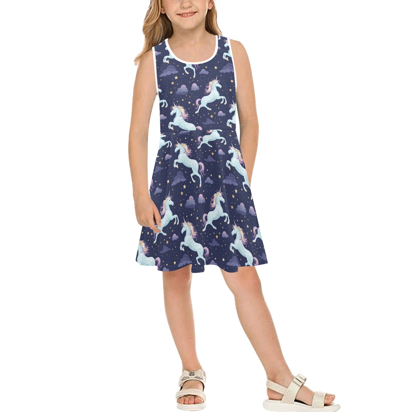 Unicorn Floral Midi Girls Dress, Magical Kids Sleeveless Sundress Casual Cute Designer Children Elegant Cocktail Party Summer Designer