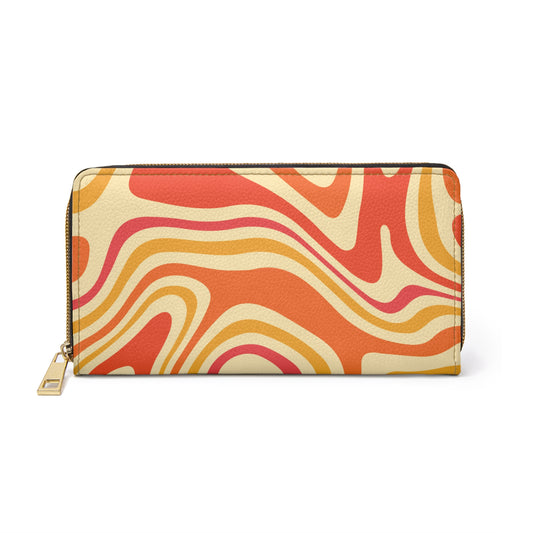 Orange Leather Wallet Women, Funky Yellow Retro Vintage Groovy Vegan Zipper Around Coins Credit Cards Pocket Cash Ladies Slim Clutch Purse