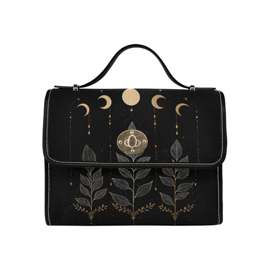 Moon Phases Canvas Satchel Bag, Celestial Cottagecore Ferns Witchy Waterproof Black Cute Women Crossbody Purse Vegan Leather Strap Handbag