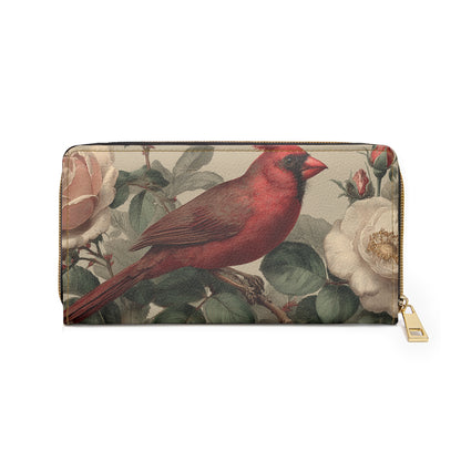 Cardinal Leather Wallet Women, Bird Roses Flowers Vegan Zipper Zip Around Coins Credit Cards Pocket Cash Ladies Pouch Slim Clutch Purse