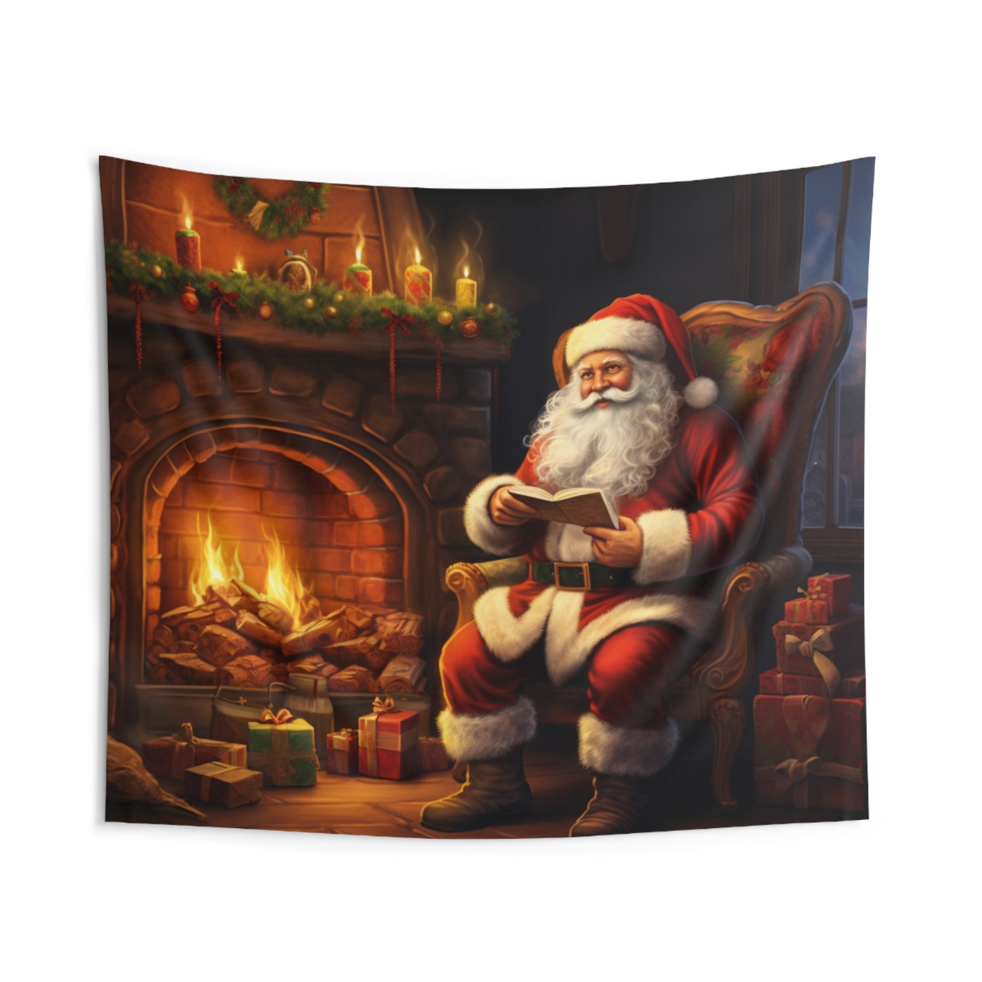 Santa Claus Christmas Tapestry, Fireplace Presents Wall Art Hanging Cool Unique Landscape Aesthetic Large Small Decor Bedroom Dorm Room Starcove Fashion