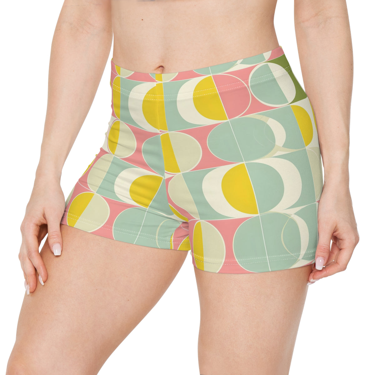 Mid Century Modern Women Shorts, Yellow Retro Colorful Yoga Biker Sport Workout Gym Festival Running Moisture Wicking Ladies Spandex Bottoms