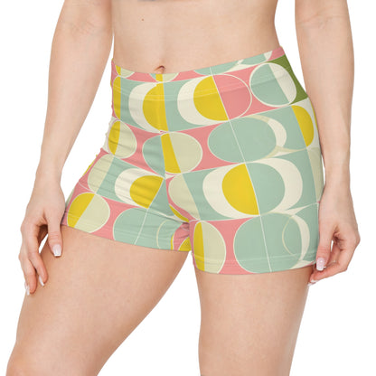 Mid Century Modern Women Shorts, Yellow Retro Colorful Yoga Biker Sport Workout Gym Festival Running Moisture Wicking Ladies Spandex Bottoms