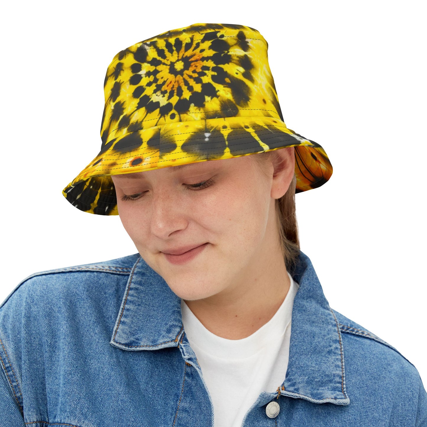 Yellow Tie Dye Bucket Cap Hat, Black Print Beach Women Men Kids Children Golf Summer Festival Cute Designer Sun Shade Ladies Small Large
