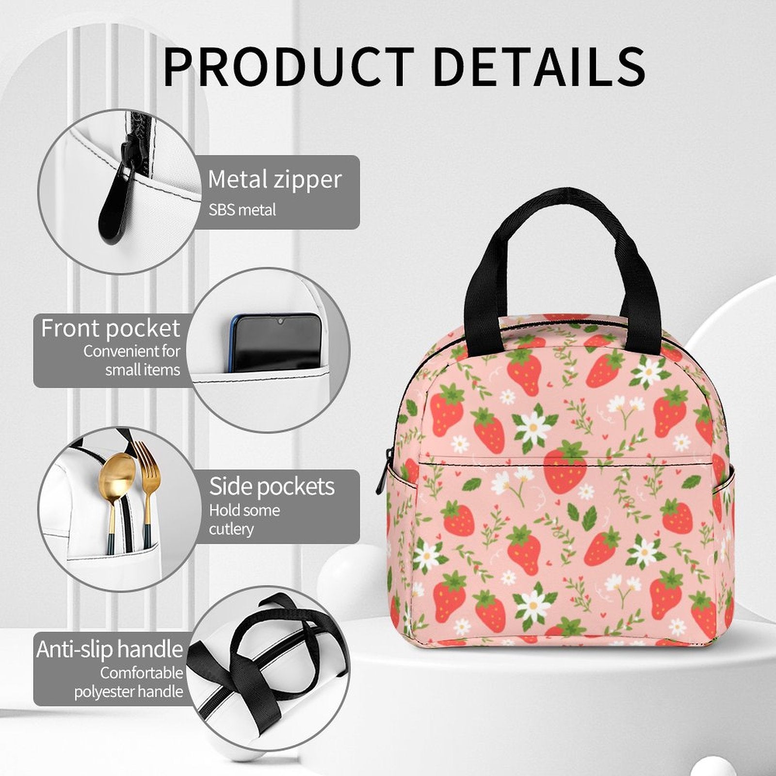 Strawberry Insulated Lunch Box Bag Tote, Pink Summer Fruit Floral Flowers Cute Food Container Adult Kids Women Teens Men School Work Handbag - Starcove Fashion