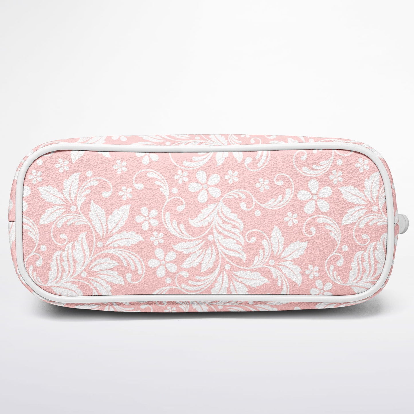 Pink Floral Tote Bag Purse, Flowers White Vegan Leather Print Handbag Women Zip Top Small Designer Handmade Shoulder Crossbody