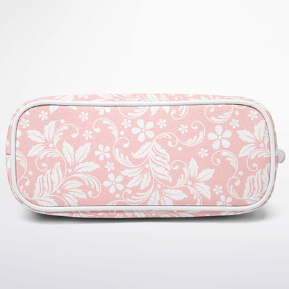 Pink Floral Tote Bag Purse, Flowers White Vegan Leather Print Handbag Women Zip Top Small Designer Handmade Shoulder Crossbody