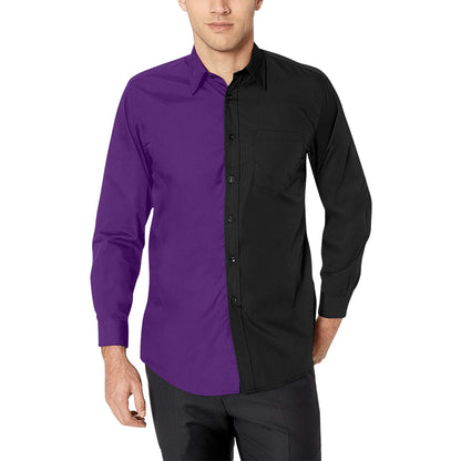 Half Black Half Purple Long Sleeve Men Button Up Shirt, Color Block Split Two Tone Combo Print Buttoned Collared Casual Dress Chest Pocket