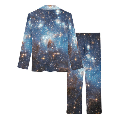 Galaxy Space Women Pajama Set, Blue Ladies Female 2 Piece Pants Print Top PJs Holiday Long Sleeve Sleep Sleepwear Cute Adults Nightwear