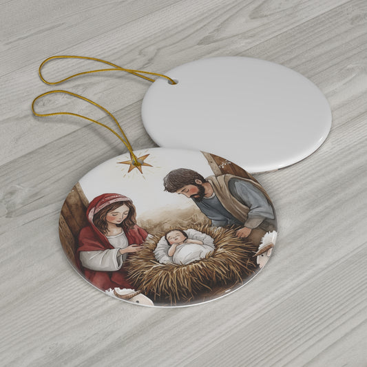 Nativity Christmas Ornament, Ceramic Ribbon Xmas Baby Jesus Mary Joseph Tree Trimming Watercolor Holiday Religious Meaningful Gift