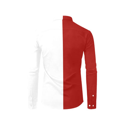 Half Red Half White Men Button Up Shirt, Long Sleeve Color Block Split Two Tone Combo Print Buttoned Collared Guys Casual Dress Chest Pocket