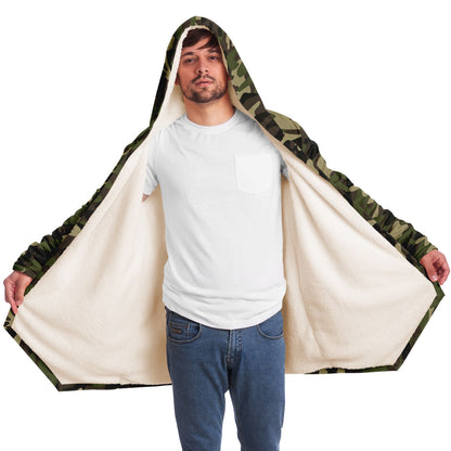 Green Camo Hooded Cloak, Camouflage Men Women Male Ladies Modern Winter Warm Mink Blanket Festival Rave Wearable Cape with Pockets