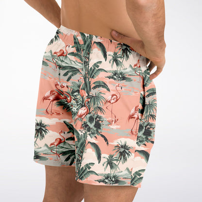 Pink Flamingo Men Swim Trunks, Green Palm Tree Shorts Beach Surf Swimwear Male Back Pockets Mesh Lining Drawstring Bathing Suit Board