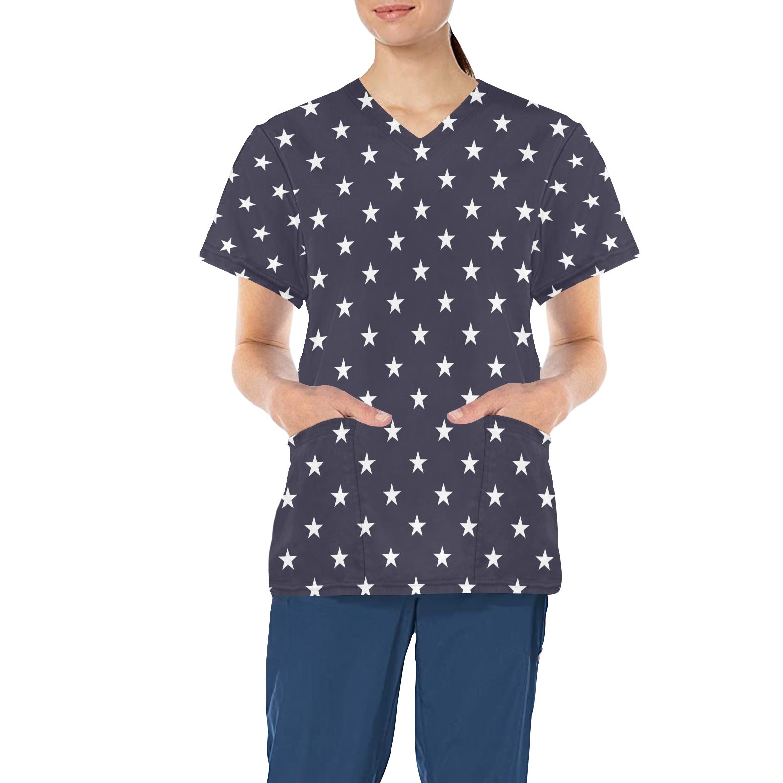 Navy Stars Medical Scrubs Top Women, American Ladies Female Plus Size Nursing Cute Printed Nurse Vet Veterinary Assistant Uniform Pockets - Starcove Fashion