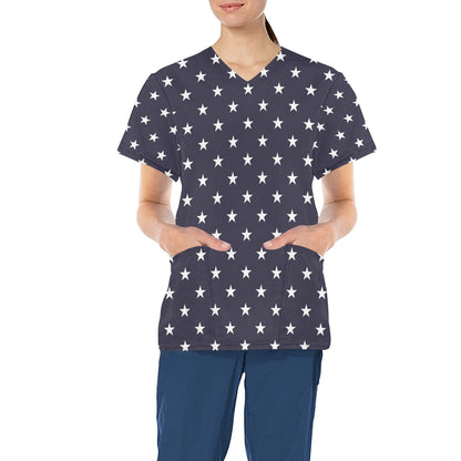 Navy Stars Medical Scrubs Top Women, American Ladies Female Plus Size Nursing Cute Printed Nurse Vet Veterinary Assistant Uniform Pockets - Starcove Fashion