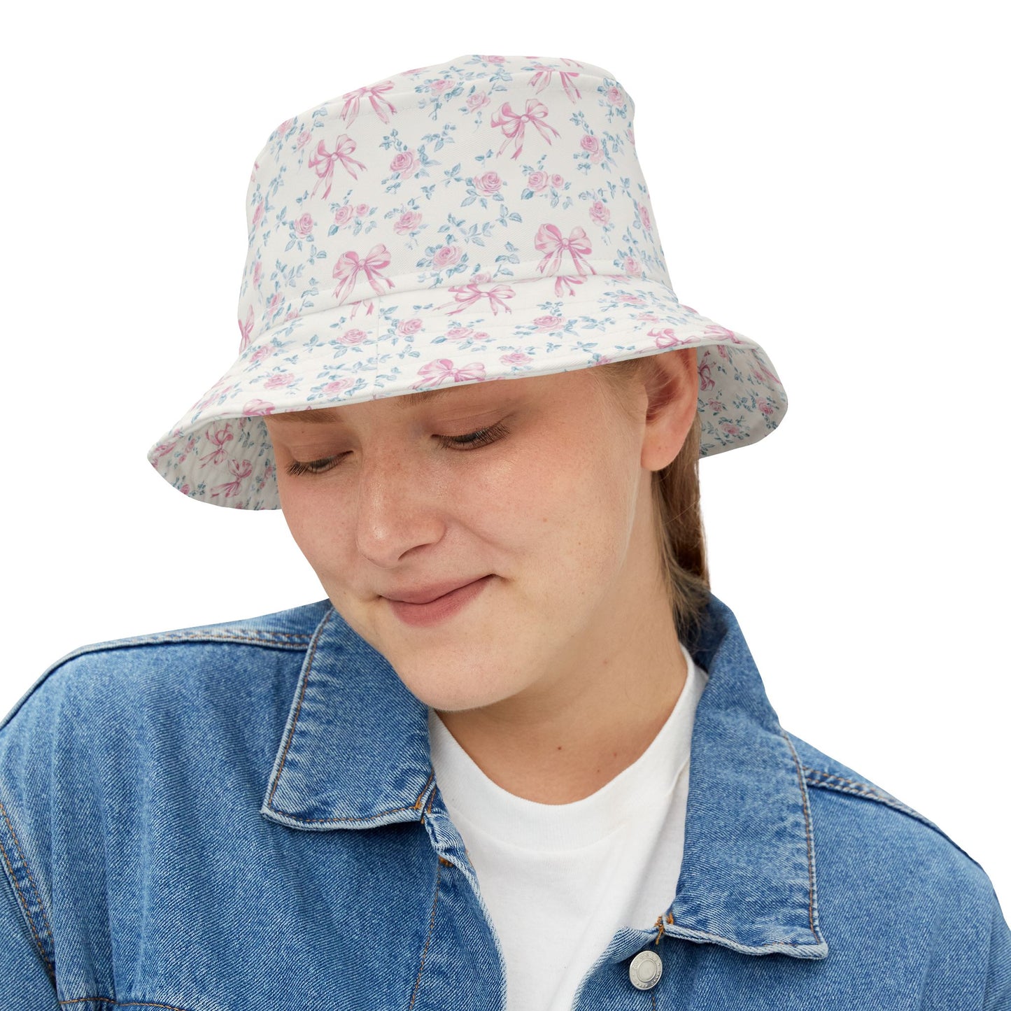 Pink Rose Bows Bucket Cap Hat, White Floral Flowers Print Beach Women Men Golf Summer Festival Cute Designer Sun Shade Ladies Small Large