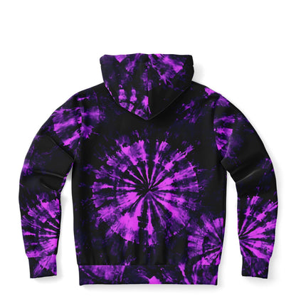 Black Purple Tie Dye Zip Up Hoodie, Full Zipper Pocket Men Women Unisex Adult Aesthetic Graphic Cotton Fleece Hooded Sweatshirt