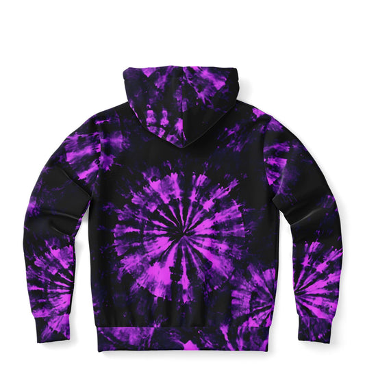 Black Purple Tie Dye Zip Up Hoodie, Full Zipper Pocket Men Women Unisex Adult Aesthetic Graphic Cotton Fleece Hooded Sweatshirt
