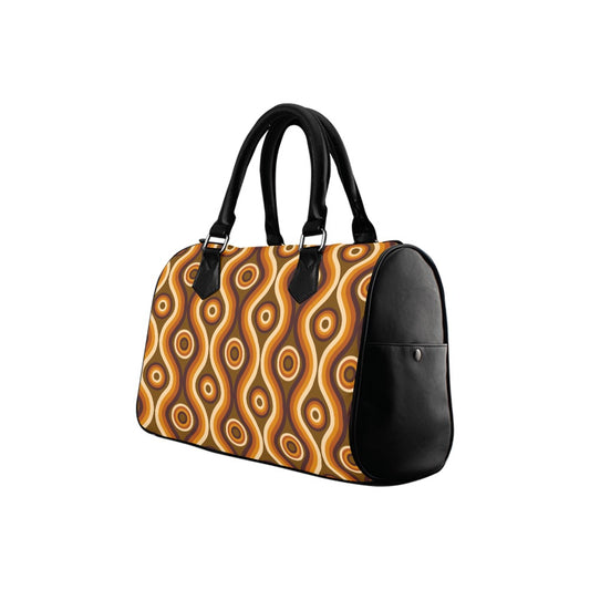 70s Retro Handbag, Vintage 1970s Brown Orange Geometric Print Canvas and Leather Top Handle Barrel Boston Designer Women Ladies Purse Bag - Starcove Fashion