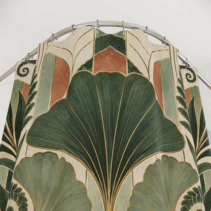 Art Deco Botanical Shower Curtain, Ginkgo Leaves Palm Fronds Ferns Plant Nature Waterproof Fabric Bathroom Decor Housewarming Gift 71" x 74"
