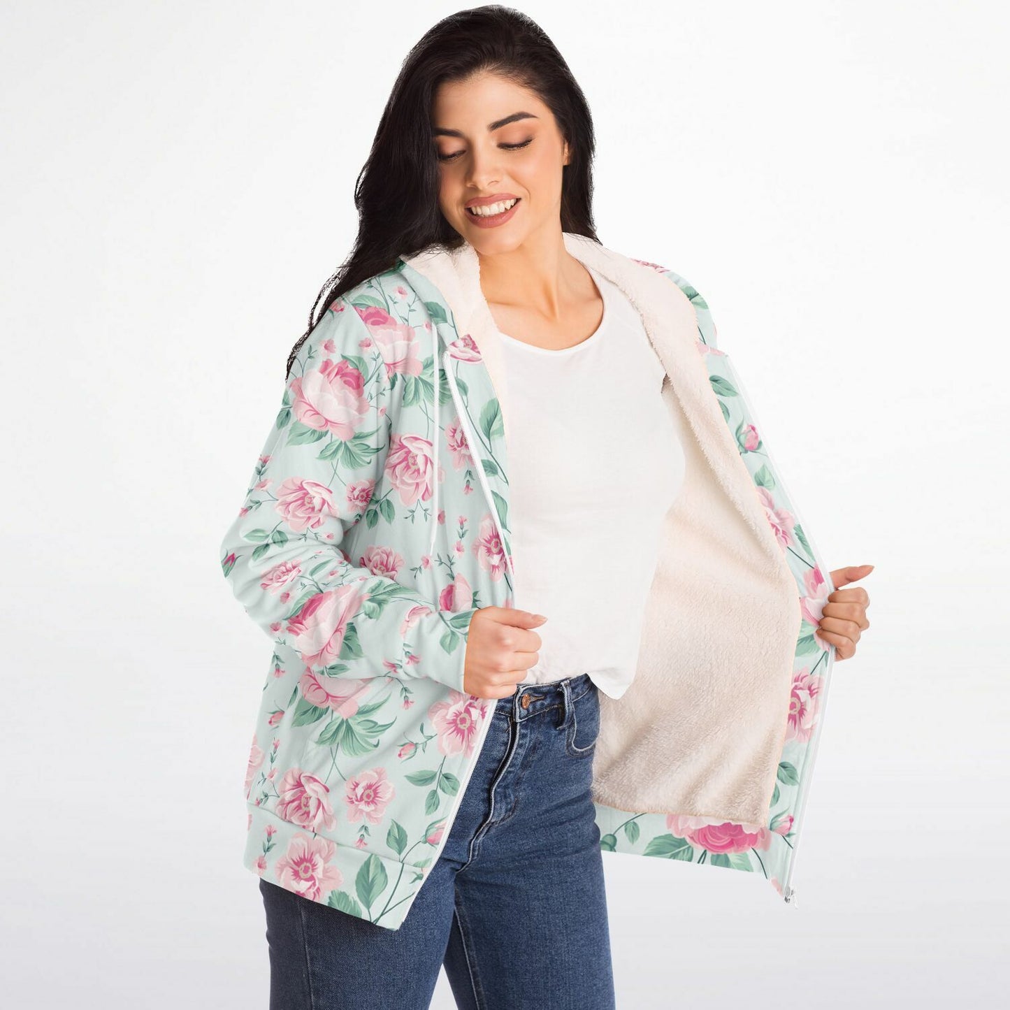 Pink Green Floral Zip Up Fleece Lined Hoodie, Flowers Peony Blossom Heavyweight Full Zipper Pocket Men Women Unisex Hooded Sweatshirt Jacket