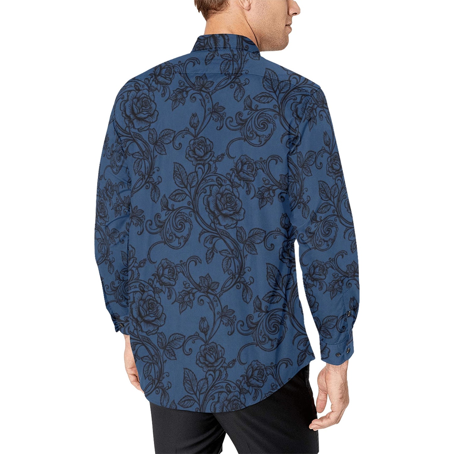 Black Blue Floral Long Sleeve Men Button Up Shirt, Vines Roses Flowers Print Casual Buttoned Collared Designer Dress Shirt Chest Pocket Male