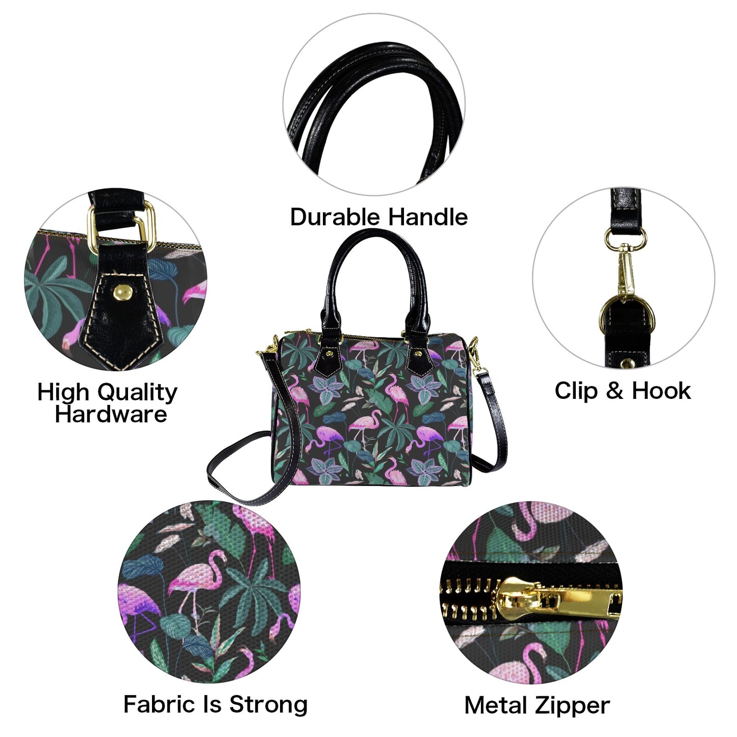 Pink Flamingo Purse Handbag, Palm Tree Women Ladies Print Canvas and Leather Barrel Type Designer Accessory Shoulder Crossbody Bag Gift