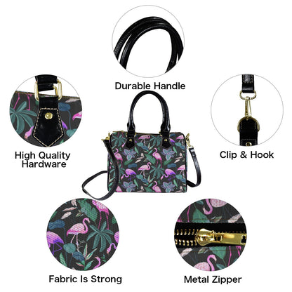 Pink Flamingo Purse Handbag, Palm Tree Women Ladies Print Canvas and Leather Barrel Type Designer Accessory Shoulder Crossbody Bag Gift