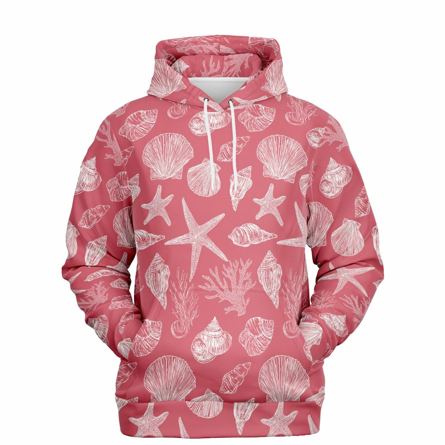 Coral Pink Beach Hoodie, Ocean Sea Shells Star Pullover Men Women Adult Graphic Cotton Hooded Sweatshirt with Pockets Designer Plus Size