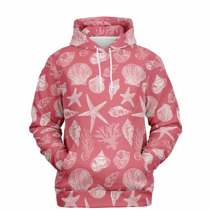 Coral Pink Beach Hoodie, Ocean Sea Shells Star Pullover Men Women Adult Graphic Cotton Hooded Sweatshirt with Pockets Designer Plus Size