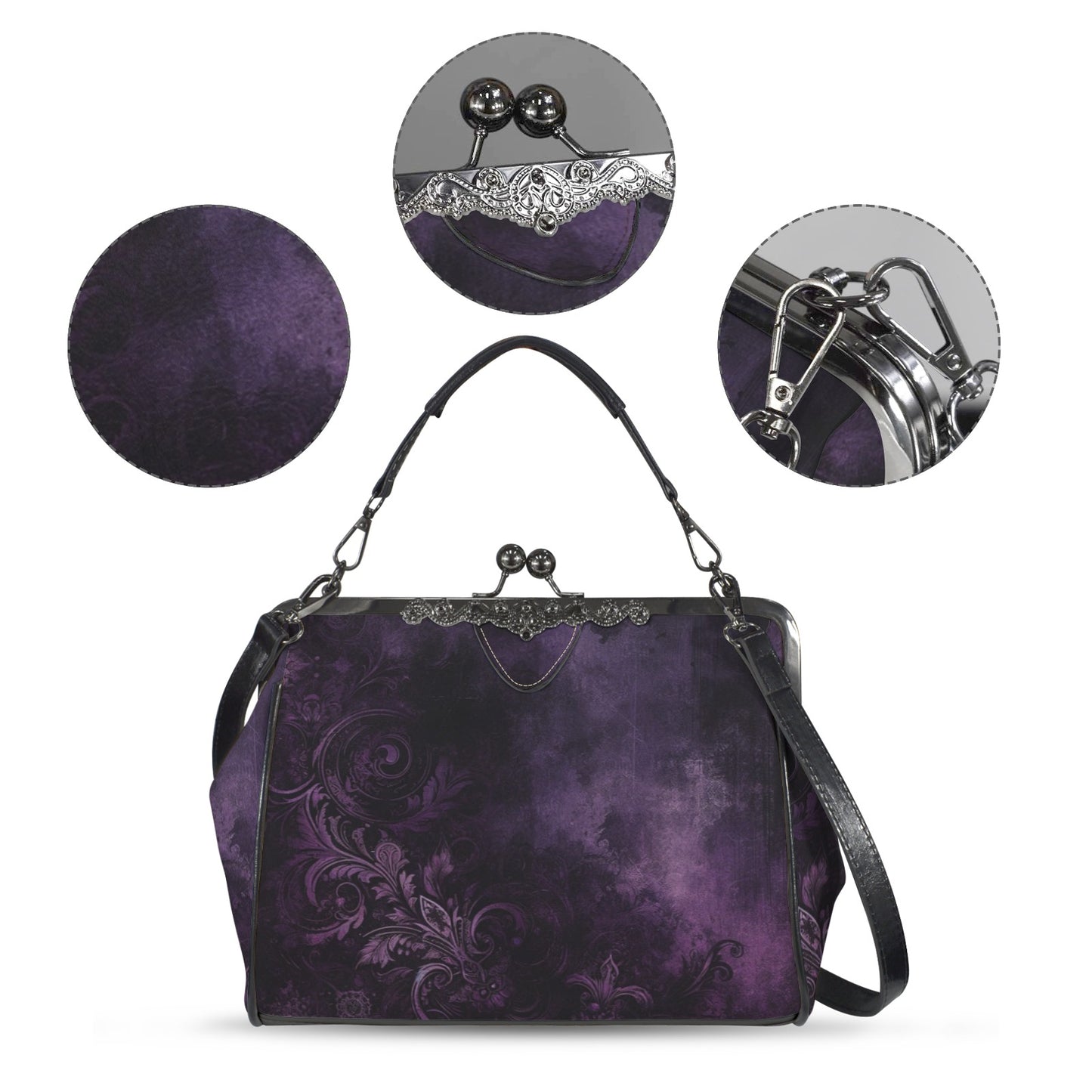 Purple Kiss Lock Purse Handbag, Pink Black Grunge Gothic Dark Print Vegan Leather Vintage Designer Shoulder Crossbody Top Handle Clasp Bag - Starcove Fashion