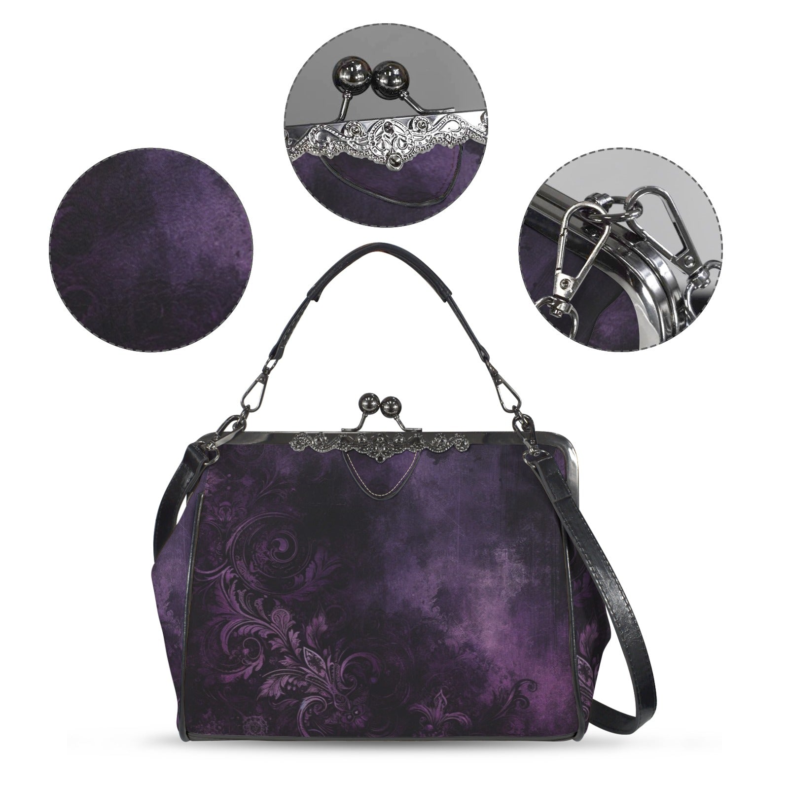 Purple Kiss Lock Purse Handbag, Pink Black Grunge Gothic Dark Print Vegan Leather Vintage Designer Shoulder Crossbody Top Handle Clasp Bag - Starcove Fashion