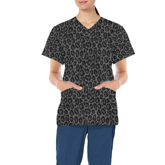 Black Leopard Medical Scrubs Top Women, Grey Animal Print Ladies Female Plus Size Nursing Nurse Vet Veterinary Assistant Uniform Pockets