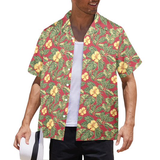 Red Men Hawaiian shirt, Yellow Hibiscus Flowers Floral Green Vintage Aloha Hawaii Retro Summer Tropical Plus Size Pocket Guys Button Down