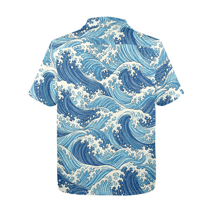 Blue wave Hawaiian Men Shirt, Japanese Ocean Sea Indigo Surf Beach Vintage Aloha Hawaii Tropical Plus Size Guys Button Down Vacation