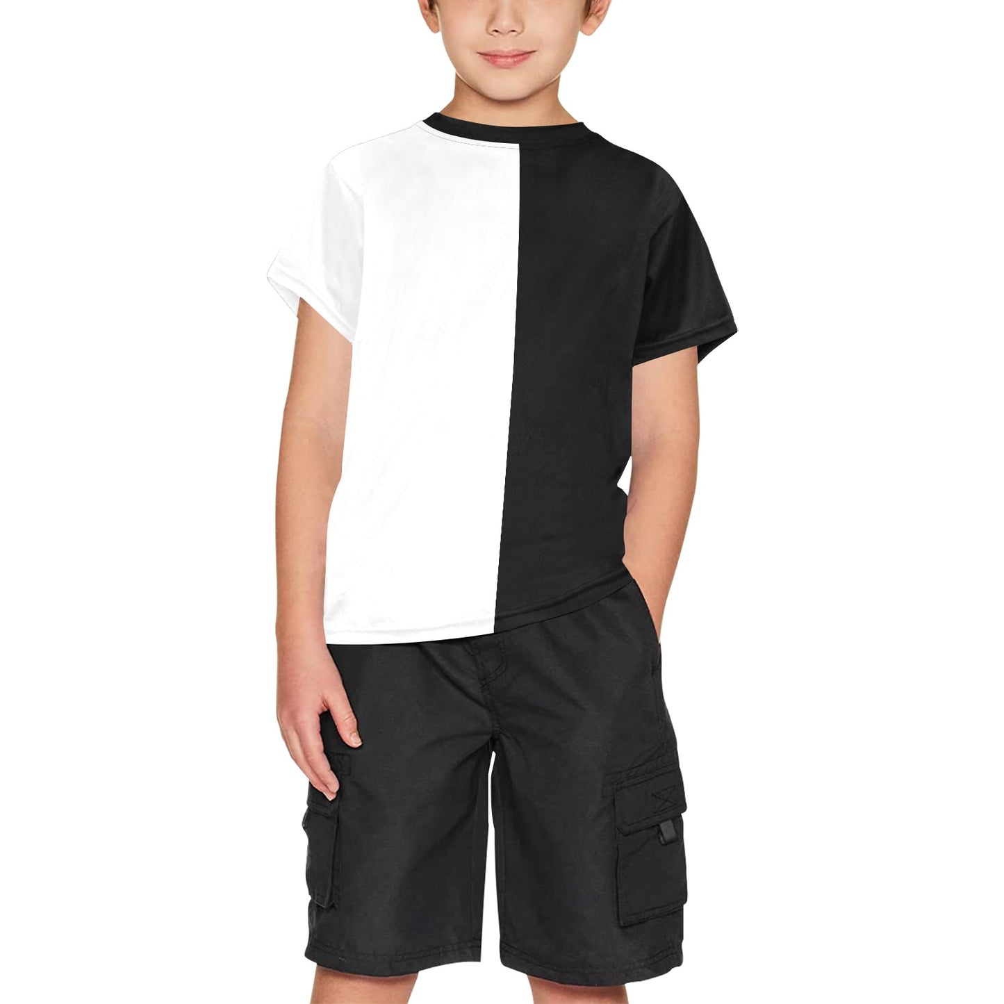 Half Black Half White Kids Tshirt, Two Tone Color Block Split Boys Girls Children Youth Graphic Crewneck Tee Short Sleeve Shirt Top