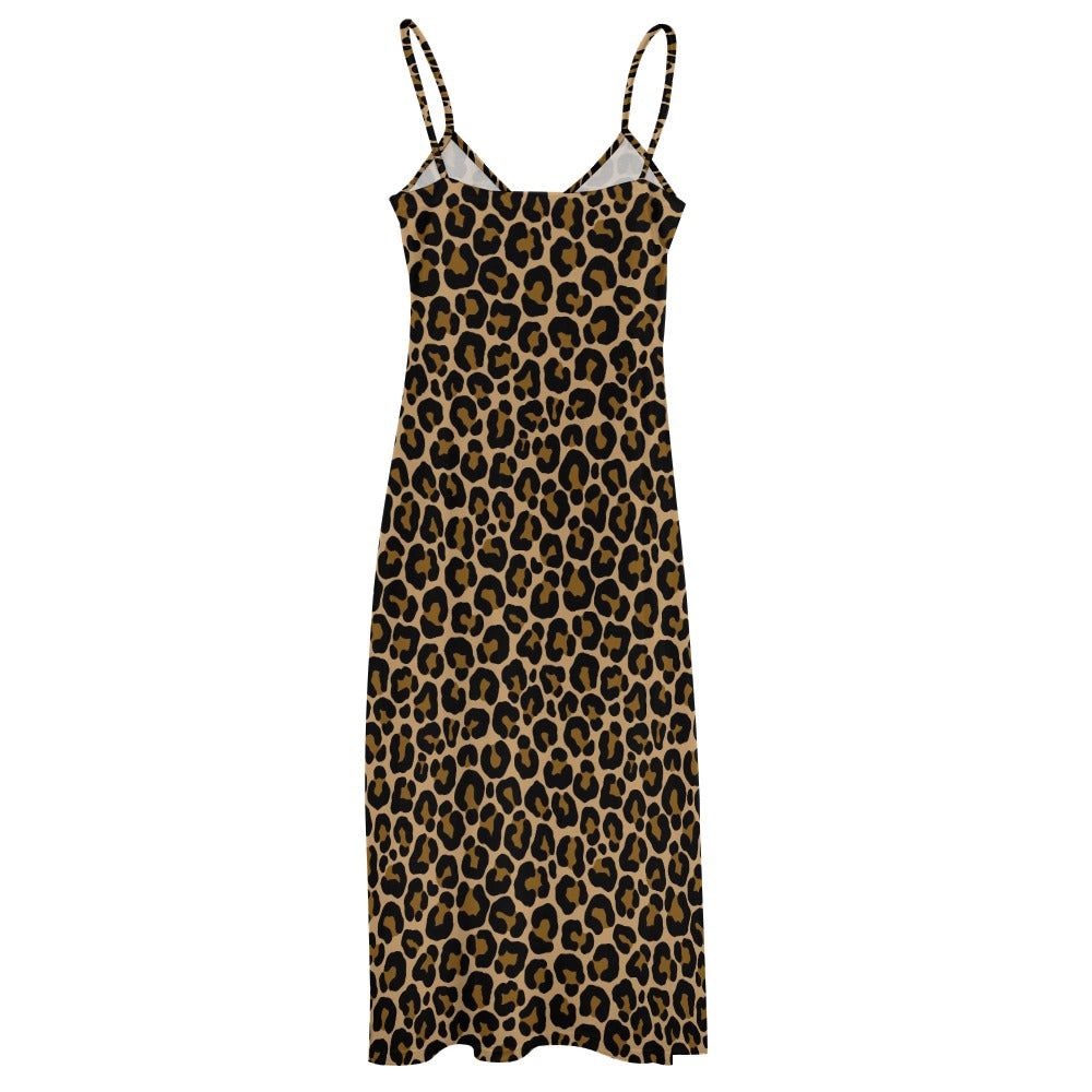 Leopard Print Maxi Dress, Brown Animal Cheetah Long Spaghetti Straps Flowy Women Sleeveless Casual Cute Designer Plus Size Cocktail Party