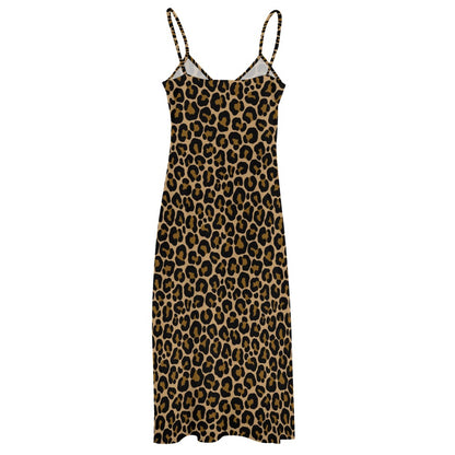 Leopard Print Maxi Dress, Brown Animal Cheetah Long Spaghetti Straps Flowy Women Sleeveless Casual Cute Designer Plus Size Cocktail Party