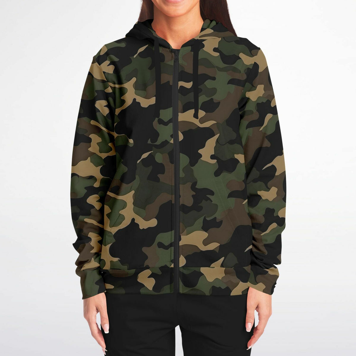 Brown Green Camo Zip Up Hoodie, Black Camouflage Full Zipper Pocket Men Women Unisex Adult Aesthetic Cotton Fleece Hooded Sweatshirt