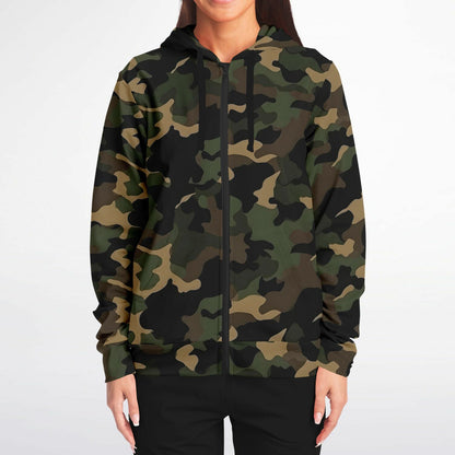 Brown Green Camo Zip Up Hoodie, Black Camouflage Full Zipper Pocket Men Women Unisex Adult Aesthetic Cotton Fleece Hooded Sweatshirt