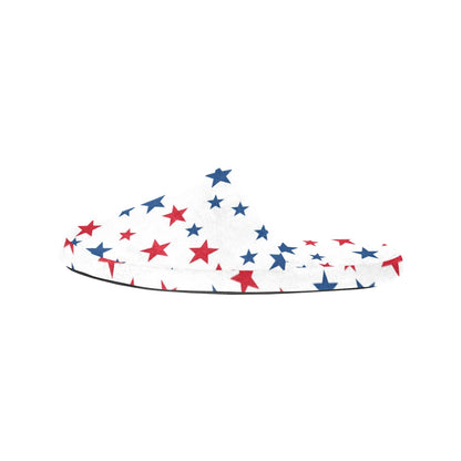 Red White Blue Stars Women's House Slide Slippers, Patriotic American USA Handmade Bedroom Cozy Winter Bedroom Shoes Gift for Her Loungewear