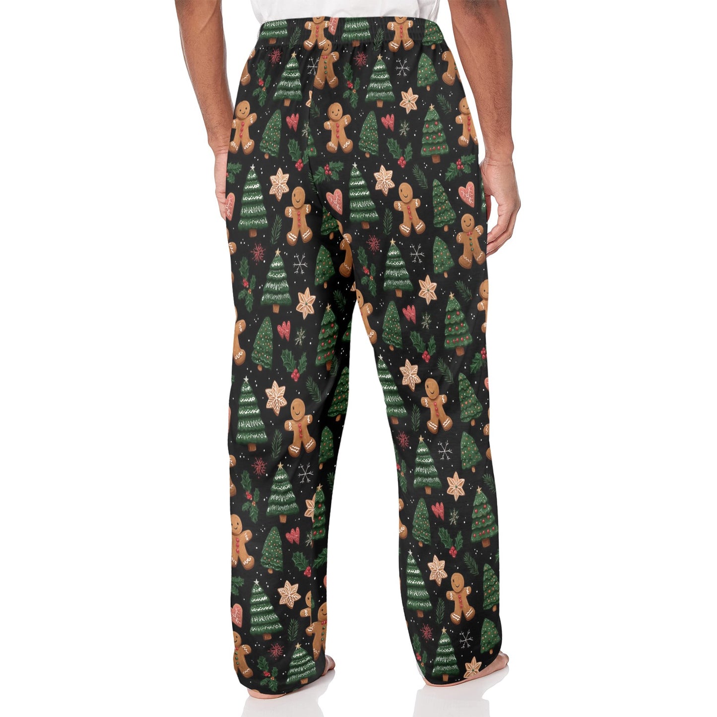 Gingerbread man Christmas Men Pajamas Pants, Black Green Festive Trees Xmas PJ Pockets Sleep Lounge Trousers Guys Male Sleepwear Bottoms